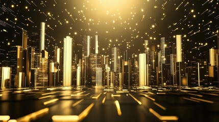 Poster - Futuristic golden cityscape with sparkling lights and abstract energy