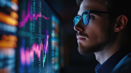 Poster - Focused young man analyzing financial data on digital screen with colorful graphs