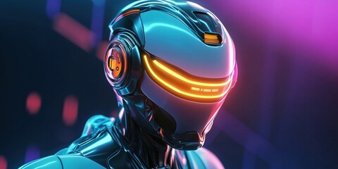 Poster - Futuristic robotic head with glowing visor and sleek metallic design