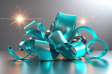 Poster - Modern 3D Turquoise Curling Ribbon on Silver Background with Bright Flare and Customization Space