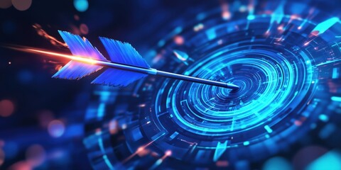 Poster - Futuristic digital arrow hitting a glowing target in a vibrant blue vortex