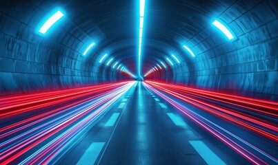 Poster - Vibrant light trails in futuristic tunnel showcasing motion and speed
