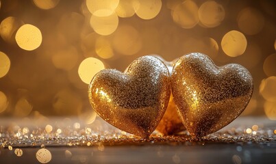 Poster - Golden glitter hearts with bokeh background for romantic celebrations and events