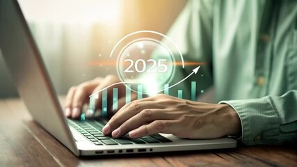 Poster - Strategic Planning: Achieving Business Growth Goals in 2025. Hands actively working on a laptop, digital graphs illustrating upward growth trends,    