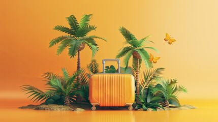 Poster - Creative travel suitcase surrounded by miniature palm trees and butterflies for summer adventures in an exotic landscape Generative AI