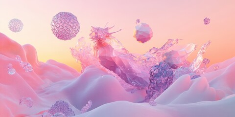 Poster - Abstract artwork showcasing a surreal landscape with floating crystal shapes