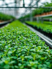 Poster - Rows of vibrant microgreens thriving under efficient drip irrigation system in a well-maintained greenhouse environment Generative AI