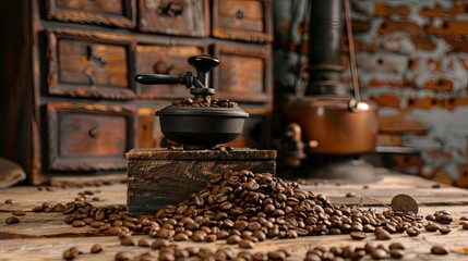 Aufkleber - Crafting coffee from freshly ground beans on a rustic wooden table in a cozy interior setting Generative AI
