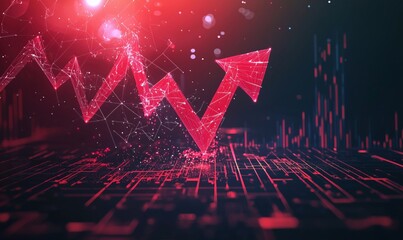 Poster - Dynamic upward trend graph with red arrows and digital data visualization elements