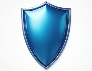 Poster - Modern blue shield with silver frame isolated on white background. Glossy 3d rendering icon. Cyber security, data protection symbol, guard for application UI design.