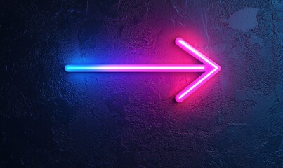 Poster - neon arrow sign glowing in pink and blue against textured dark background