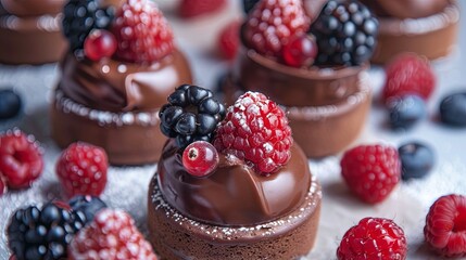 Poster - Decadent chocolate pastries topped with fresh berries in an elegant presentation for a delightful dessert experience Generative AI