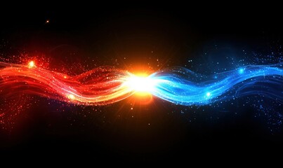 Poster - dynamic energy waves in red and blue with glowing particles and light effects