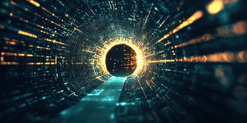 Poster - Futuristic digital tunnel with glowing lights and data streams
