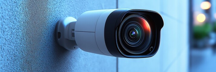Poster - High-resolution motion detection camera mounted on a wall in a modern urban setting