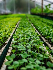 Poster - Rows of lush microgreens thriving under drip irrigation in a well-maintained greenhouse setting Generative AI