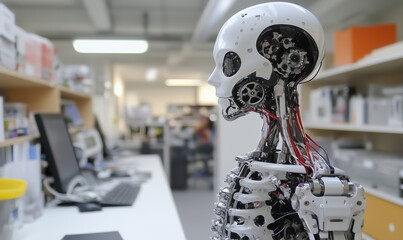 Poster - Advanced humanoid robot showcasing intricate mechanical design in modern workspace