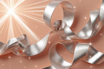 Poster - Luxurious 3D Platinum Flowing Ribbon on Soft Peach Background with Shimmering Glow and Custom Message Space