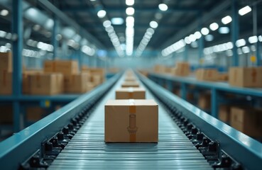 Poster - Automated conveyor system transports boxes of finished products through factory floor without human operators. Automated warehouse system ensures efficiency, speed. Modern production, distribution