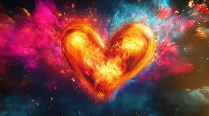 Poster - A glowing fiery heart is surrounded by colorful smoke and energy