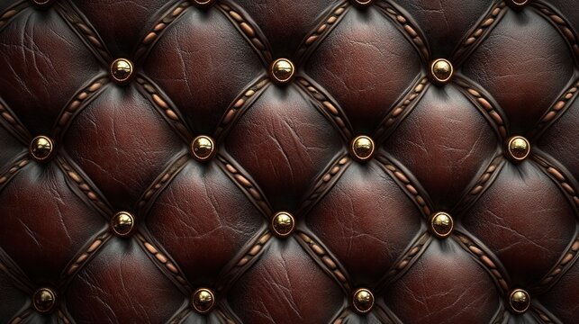 Dark brown leather upholstery with gold studs and stitching.  Detailed diamond tufted pattern