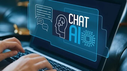 Poster - Futuristic Businessman Interacts with AI Chatbot: OpenAI-Powered Intelligence Revolutionizing Communication and Efficiency in Modern Workplace.       