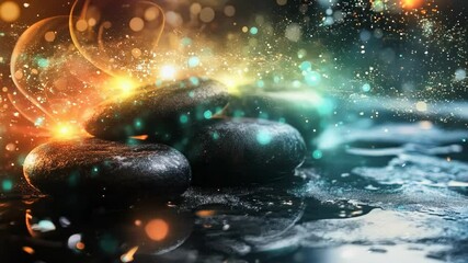 Poster - Smooth stones arranged artistically on a wet surface with glowing light effects