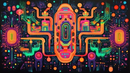 Poster - A vibrant abstract representation of a circuit board with neon colors and intricate patterns.