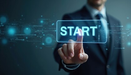 Businessman presses start button on virtual interface. Finger touches digital display, launching new project, activating program, initiating process. Modern tech concept. Beginning future startup.