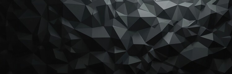 Poster - Background of black low polygon shapes, dark crystals, triangles mosaic. Creative origami wallpaper. Black geometric three-dimensional digital abstract graphic polygon pattern for template or banner.