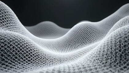 Leinwandbilder - Abstract white mesh grid wave pattern on dark black background. Futuristic geometric textile net. Modern tech design, engineering material, 3D printing surface, fiber structure backdrop. Science