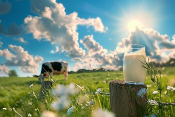 Fototapete - Healthy cow grazes in lush pasture while a glass of fresh milk rests on a wooden fence post under a bright blue sky with fluffy clouds Generative AI