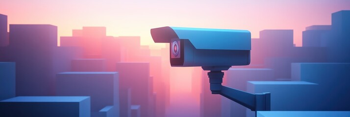 Poster - A security camera watches the urban scene, enhancing safety in the vibrant twilight