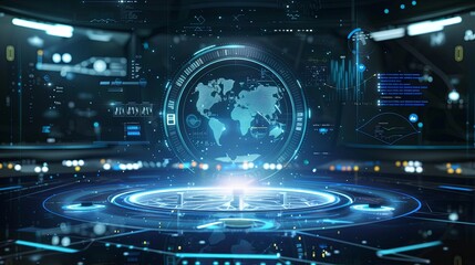 Poster - Cutting-edge digital holographic display showcasing scientific data and analytical graphs in a modern data processing center environment Generative AI