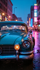 Naklejka na meble Vintage car parked in rainy city street, nostalgic urban ambiance
