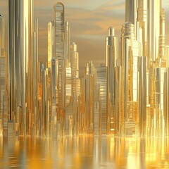 Poster - A shimmering golden city skyline reflecting in the water below