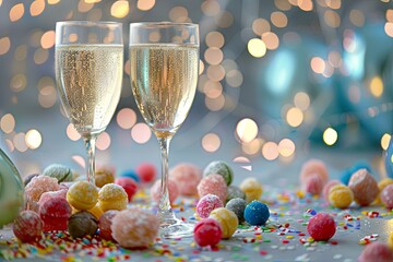 Poster - Celebrate special occasions with sparkling champagne glasses and whimsical sweets on a colorful festive table Generative AI