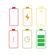 © creative design  - Battery fast charging features and issues icon set in black and colorful style. Battery symbols with fast charging, exclamation, low, plus, minus, tick and full charge signs.