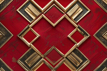 Poster - Elegant Red and Vintage Gold Pattern Design with Dynamic Square Layout