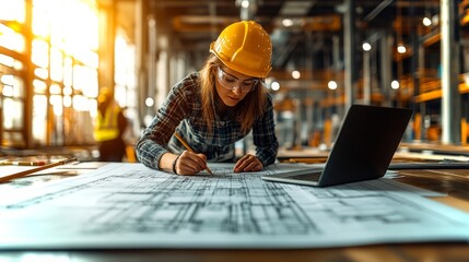Poster - Workspace of an engineer analyzing plans in a construction site with modern tools in 4k quality