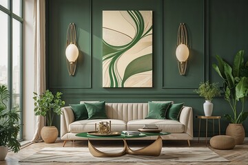 Poster - Stylish Beige and Green Canvas Artwork with Flowing Patterns and Contemporary Design