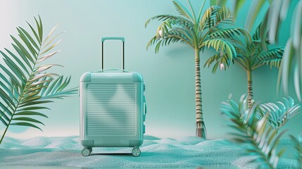 Aufkleber - Creative travel suitcase with tropical leaves on a flat background for summer adventures and exotic getaways Generative AI