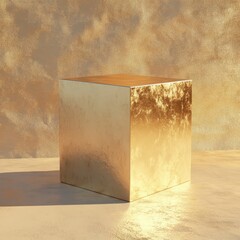 Poster - A lustrous gold cube stands on a beige textured surface