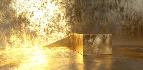 Poster - Golden Cube Illuminated Against Textured Golden Backgrounds
