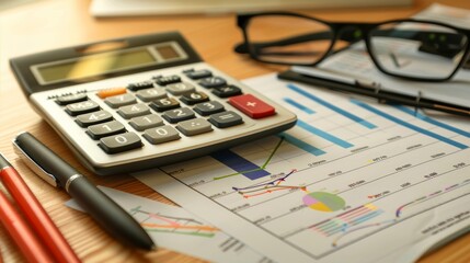 Fototapete - Desk with financial documents and calculator for accounting and tax consulting services Generative AI