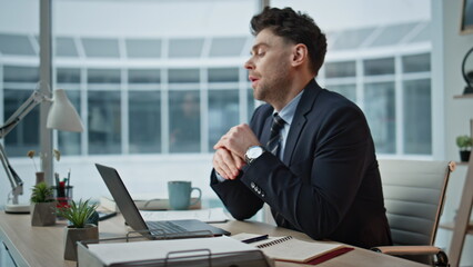 Poster - Employee thinking business tasks working at office laptop overloaded closeup. 