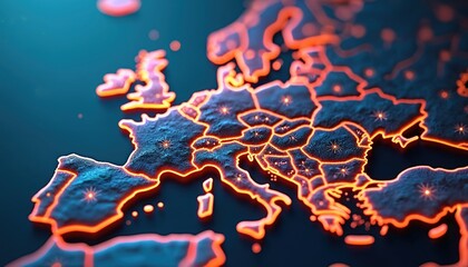 Fototapete - Europe map with global connection lines, lights. Worldwide tech concept. Digital earth, three-dimensional network, space, global business. Continent design, sphere information, globalisation, dynamic