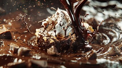 Poster - Rich melted chocolate cascading over a decadent dessert with whipped cream and garnishes in a visually appealing presentation Generative AI
