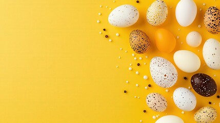 Wall Mural -   A group of speckled eggs on a yellow background, with speckled eggs on both sides