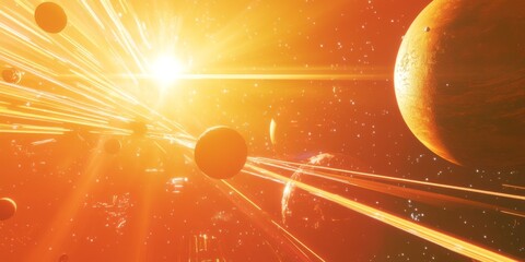 Poster - A vibrant cosmic scene filled with planets and rays of light. This stunning image captures the beauty and mystery of outer space. Perfect for sci-fi themes and creative projects. AI